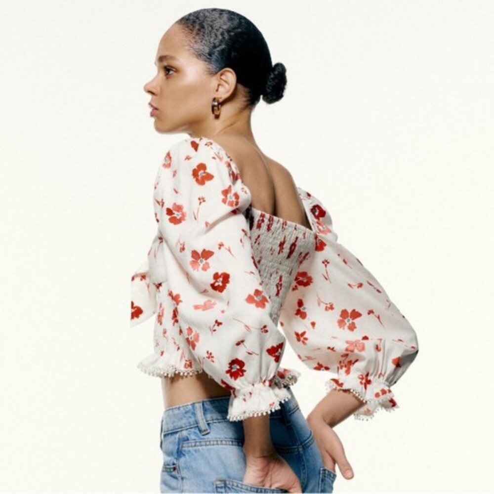 Zara Floral Print Linen Blend Square Neck Puff Sleeve Cropped Blouse‎ Size S - Picture 2 of 10